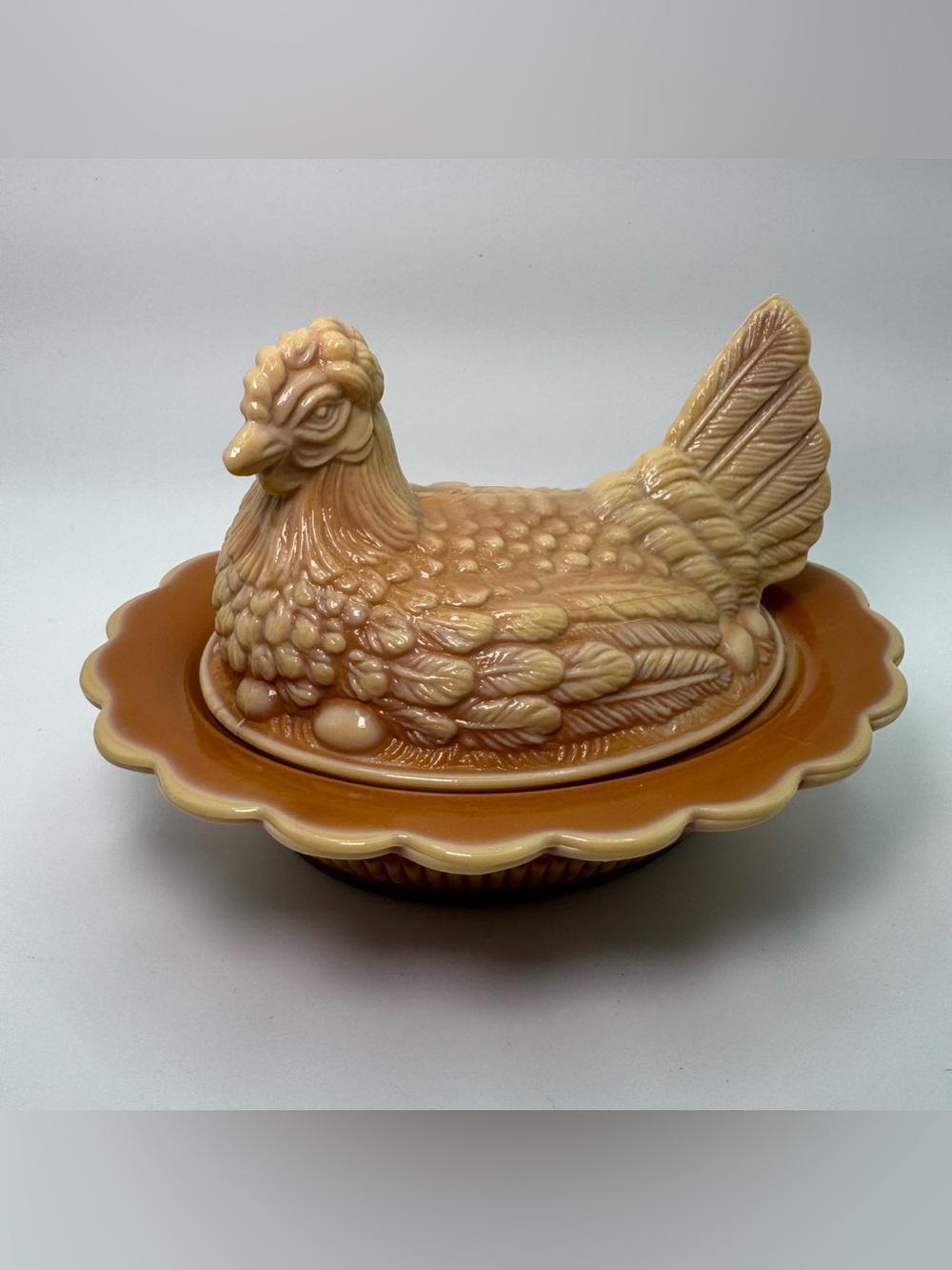 Vintage Mosser Glass Hen on Nest Caramel Chocolate Slag Covered Dish